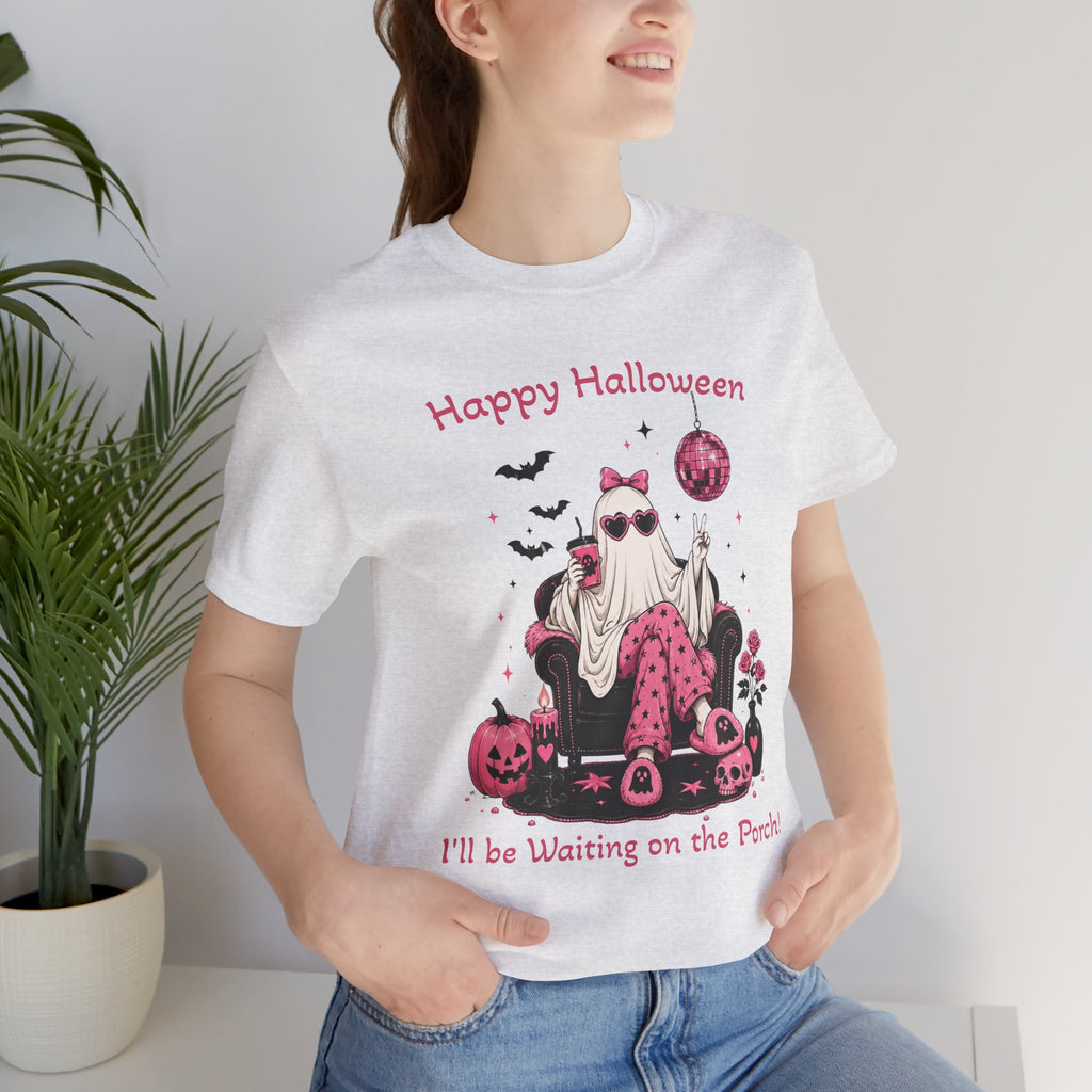 FUNNY Happy Halloween Ghost Tee “I’ll Be Waiting on the Porch” Pink Pumpkin Shirt S-3XL