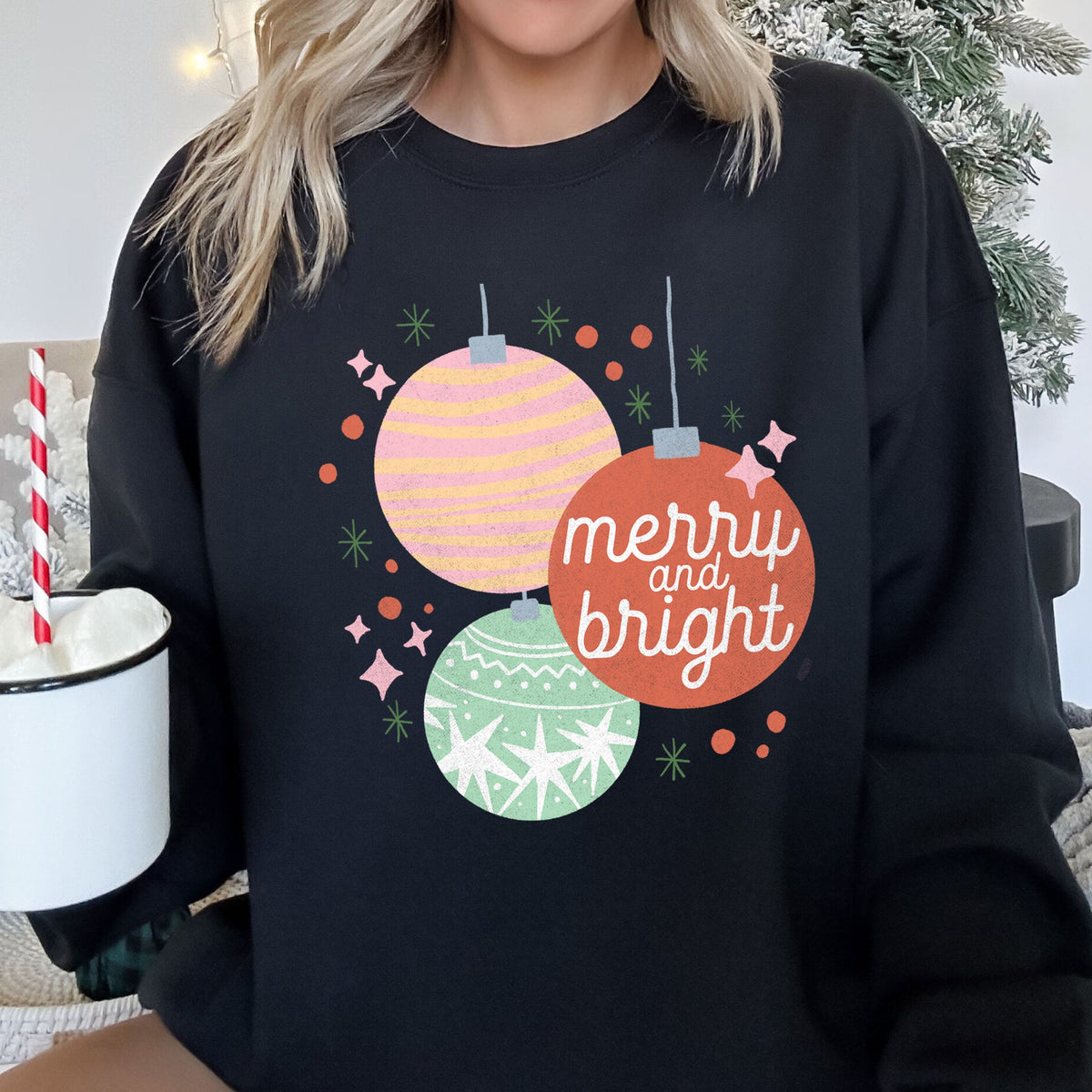 MERRY and BRIGHT Pastel Christmas Ornaments Cozy Holiday Sweatshirt in 12 Colors S-2XL