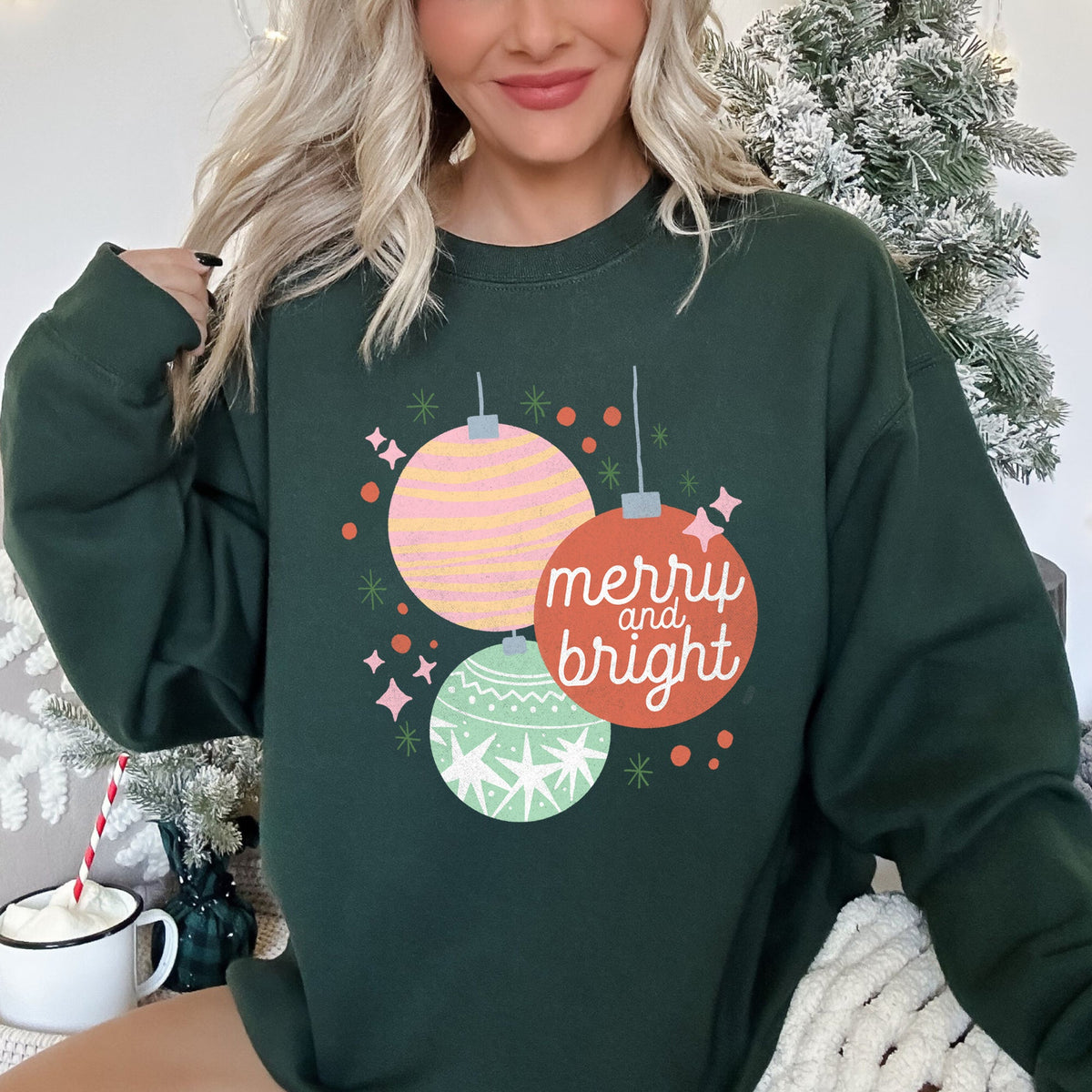 MERRY and BRIGHT Pastel Christmas Ornaments Cozy Holiday Sweatshirt in 12 Colors S-2XL