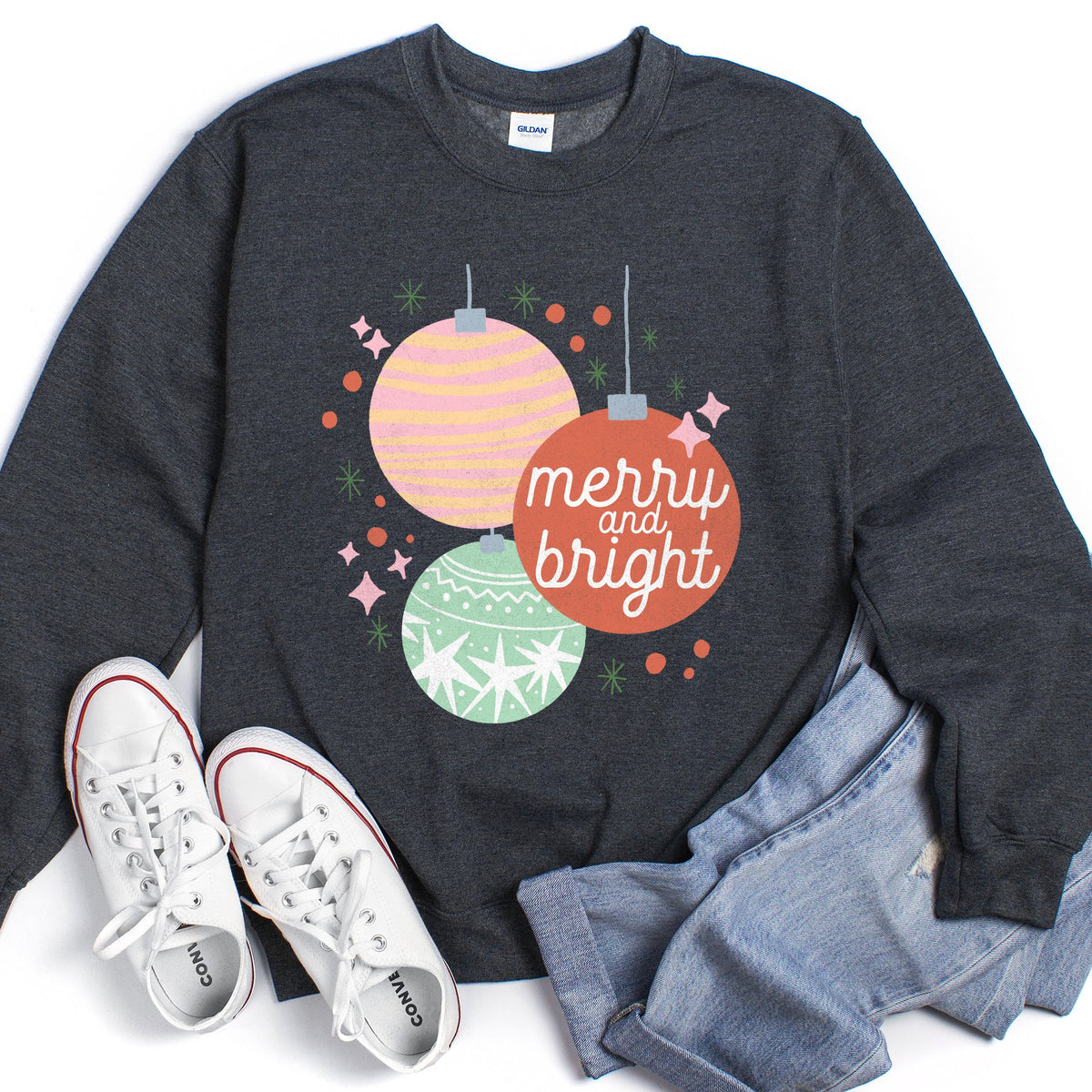 MERRY and BRIGHT Pastel Christmas Ornaments Cozy Holiday Sweatshirt in 12 Colors S-2XL