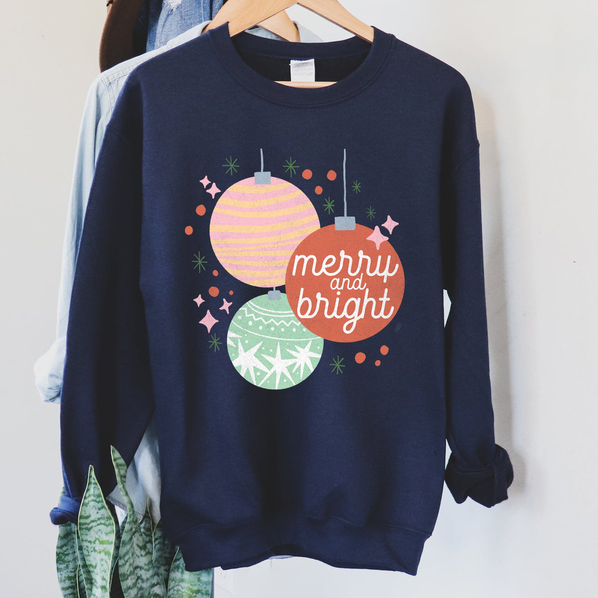 MERRY and BRIGHT Pastel Christmas Ornaments Cozy Holiday Sweatshirt in 12 Colors S-2XL