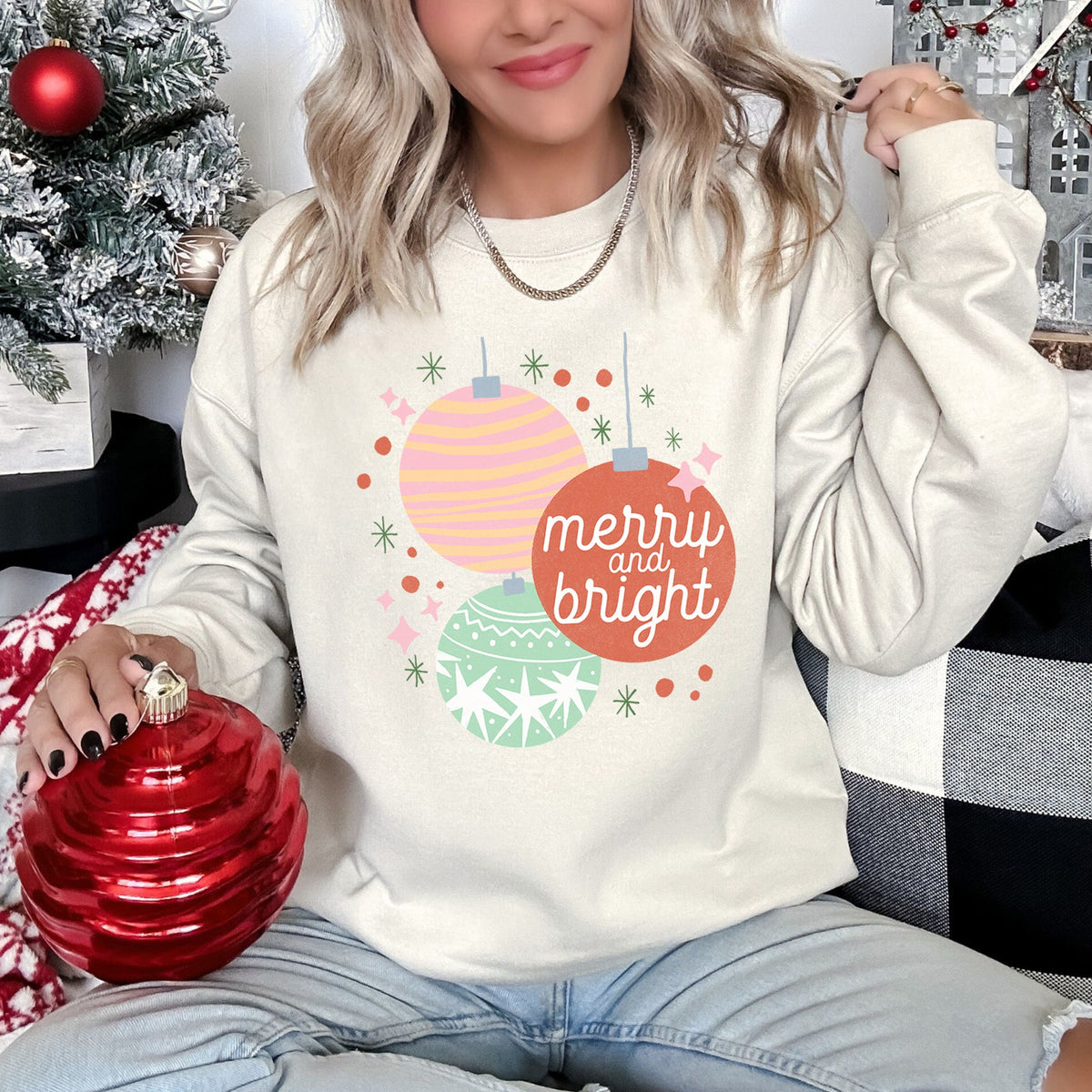 MERRY and BRIGHT Pastel Christmas Ornaments Cozy Holiday Sweatshirt in 12 Colors S-2XL