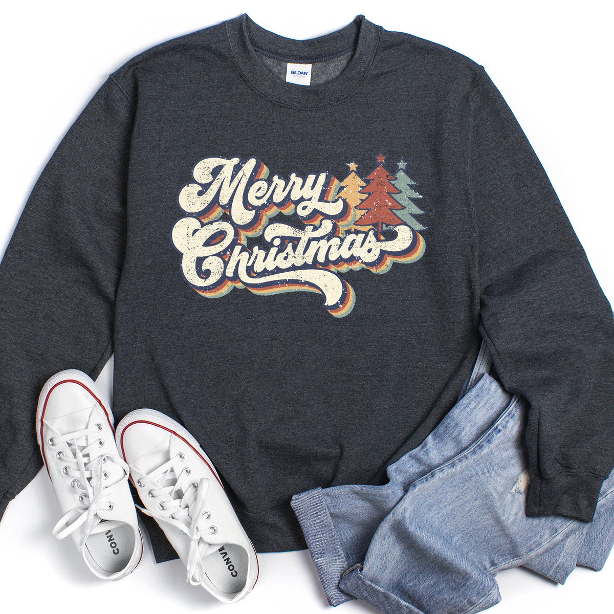 Retro MERRY CHRISTMAS Trees Holiday Cheer Vintage Nordic Style Graphic Sweatshirt in 12 Colors S-2XL
