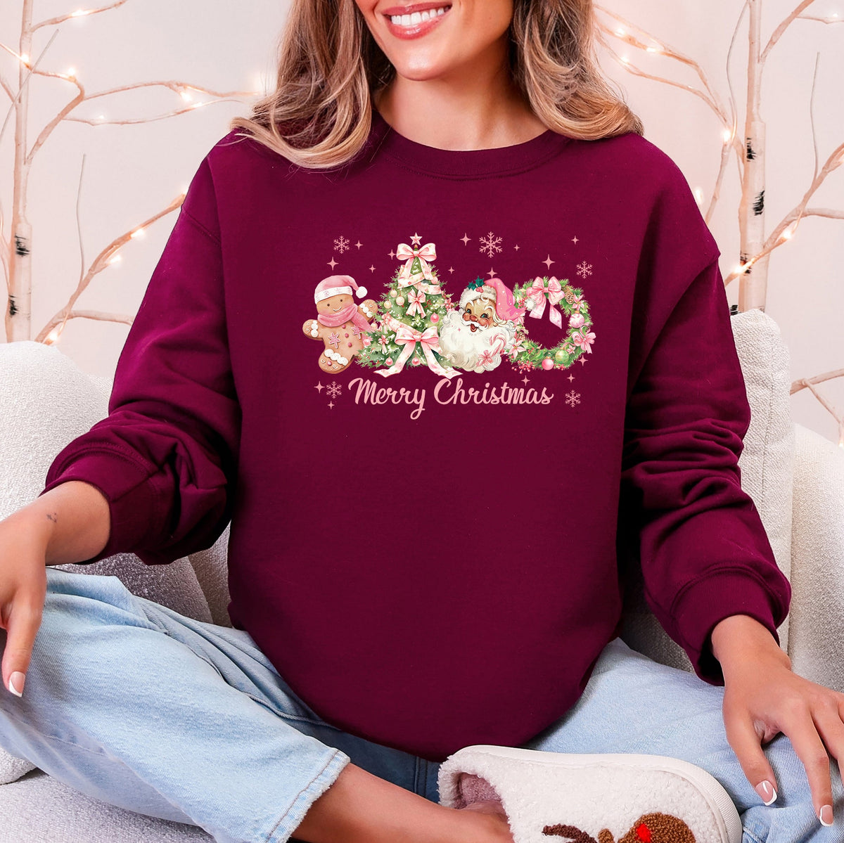 MERRY CHRISTMAS Tree Pink Santa Gingerbread Man Snowflakes Graphic Sweatshirt in 11 Colors S-2XL