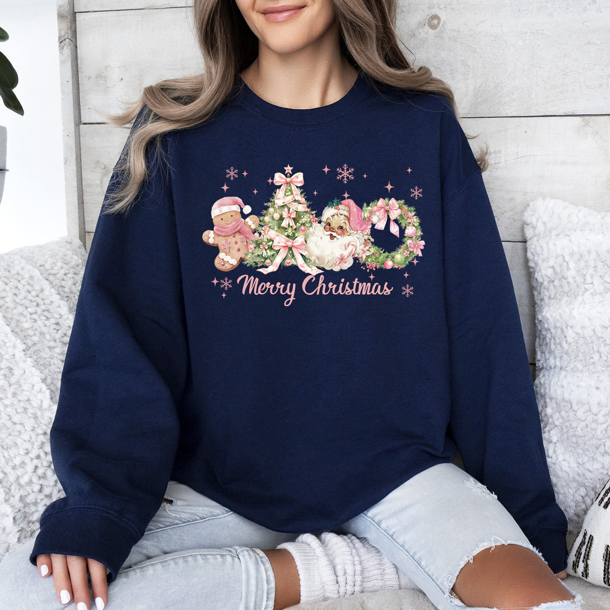 MERRY CHRISTMAS Tree Pink Santa Gingerbread Man Snowflakes Graphic Sweatshirt in 11 Colors S-2XL