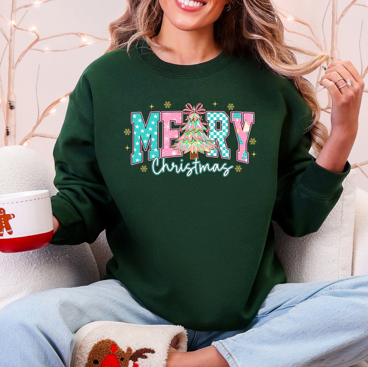 Merry Christmas Varsity Pink & Aqua Pattern Retro Sweatshirt in 11 Colors S-2XL