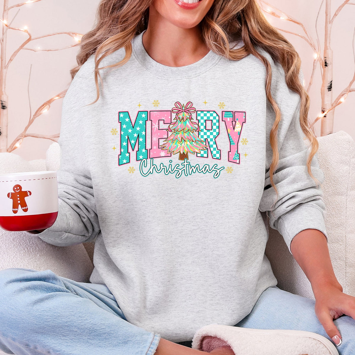 Merry Christmas Varsity Pink & Aqua Pattern Retro Sweatshirt in 11 Colors S-2XL