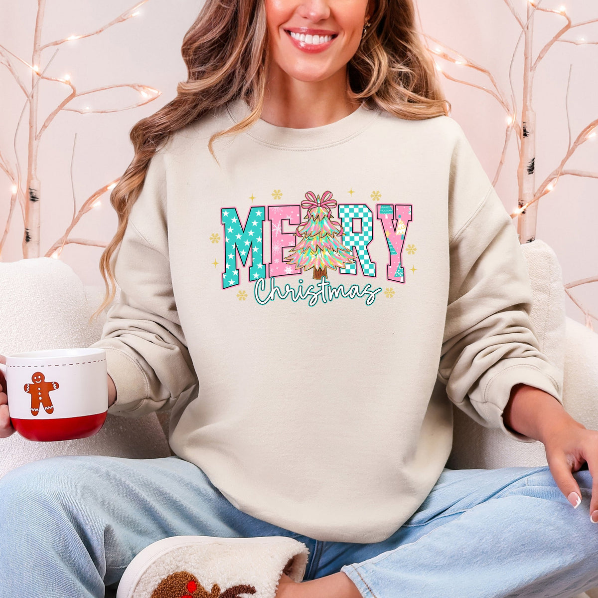 Merry Christmas Varsity Pink & Aqua Pattern Retro Sweatshirt in 11 Colors S-2XL