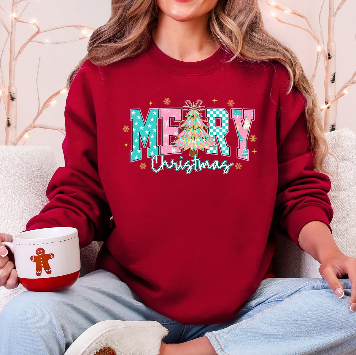Merry Christmas Varsity Pink & Aqua Pattern Retro Sweatshirt in 11 Colors S-2XL