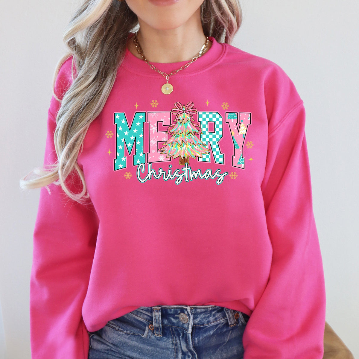 Merry Christmas Varsity Pink & Aqua Pattern Retro Sweatshirt in 11 Colors S-2XL