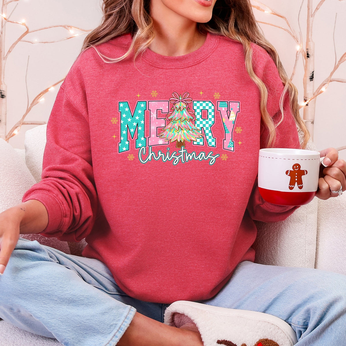 Merry Christmas Varsity Pink & Aqua Pattern Retro Sweatshirt in 11 Colors S-2XL