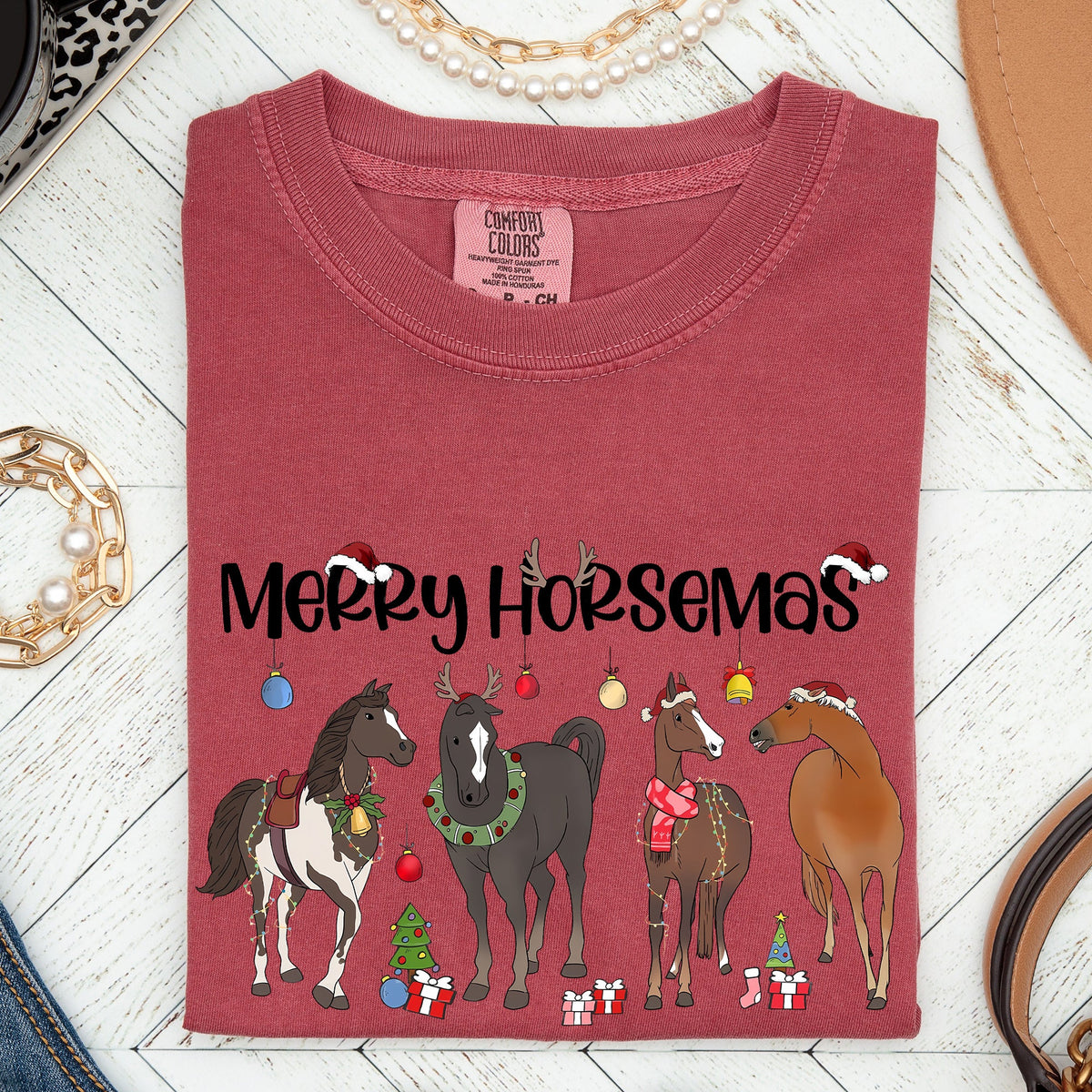 Merry Horsemas Christmas Horse Lover Holiday Artwork Edition Collection Comfort Colors Tee