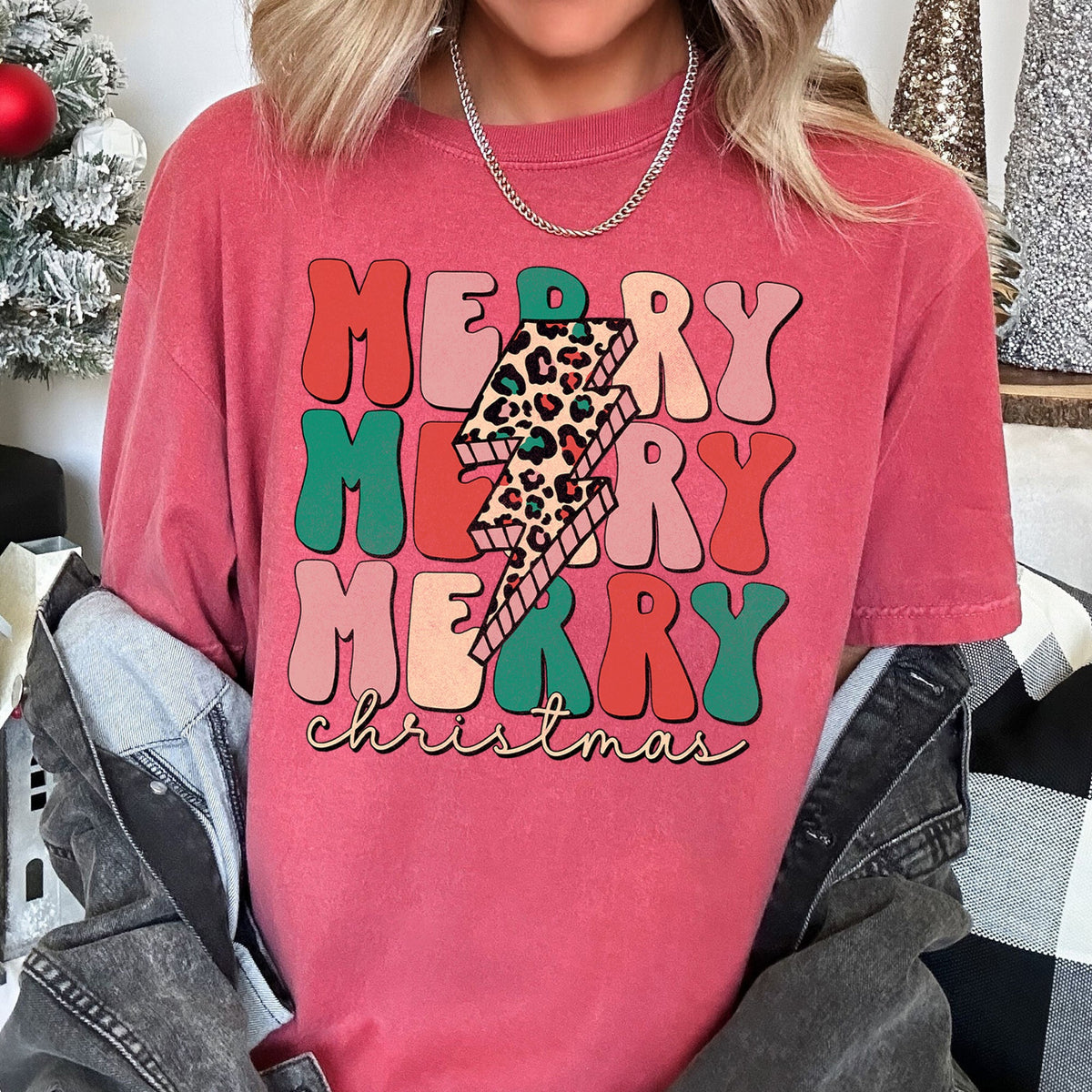Merry Merry Merry Christmas Retro Leopard Print Vintage Limited Edition Comfort Colors Tee
