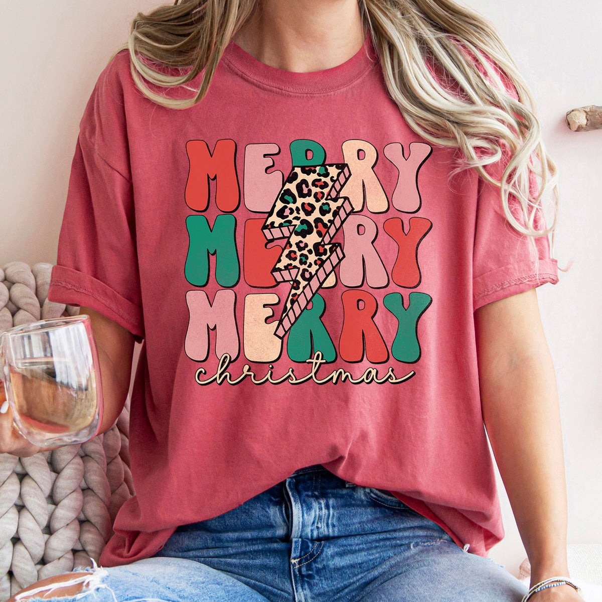 Merry Merry Merry Christmas Retro Leopard Print Vintage Limited Edition Comfort Colors Tee