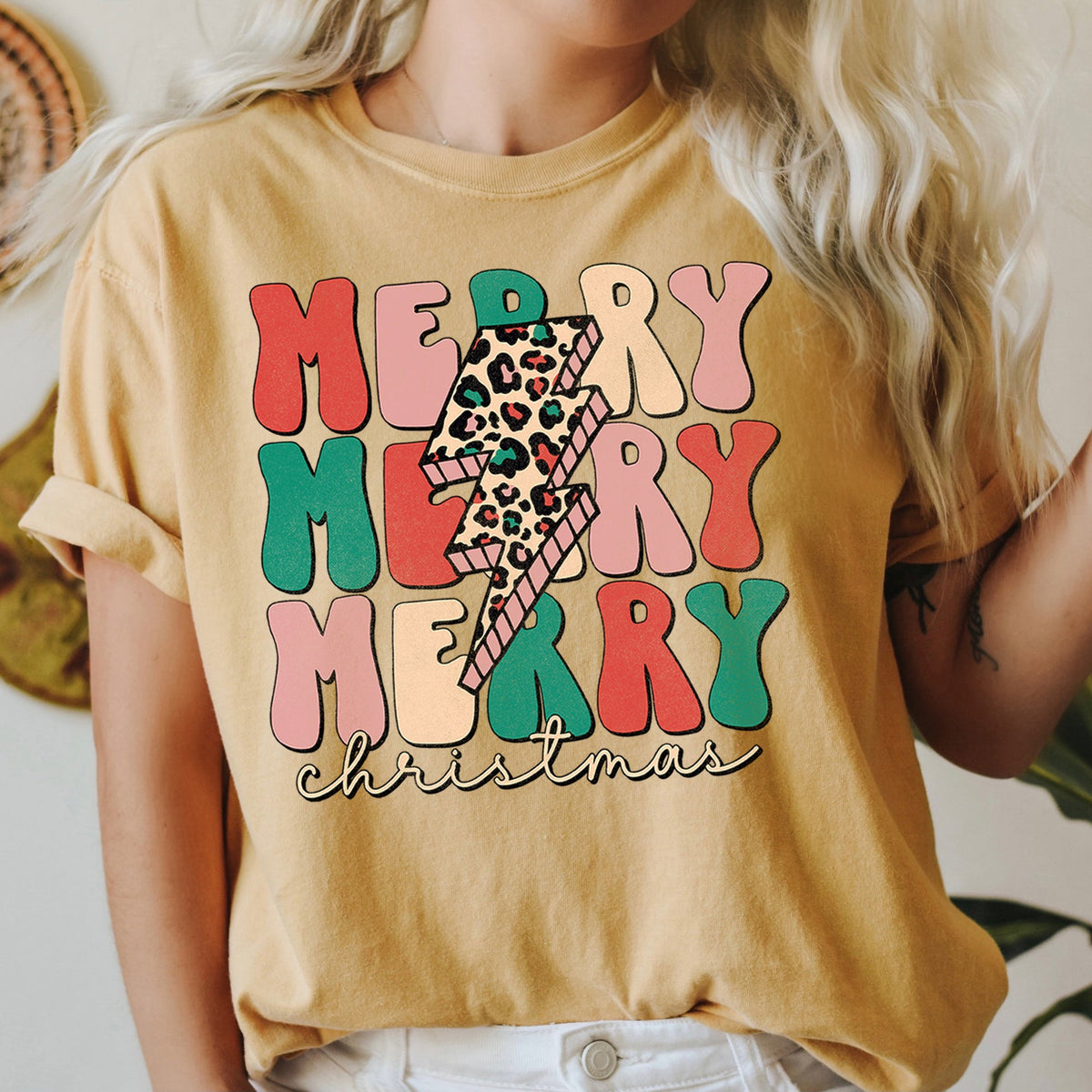 Merry Merry Merry Christmas Retro Leopard Print Vintage Limited Edition Comfort Colors Tee