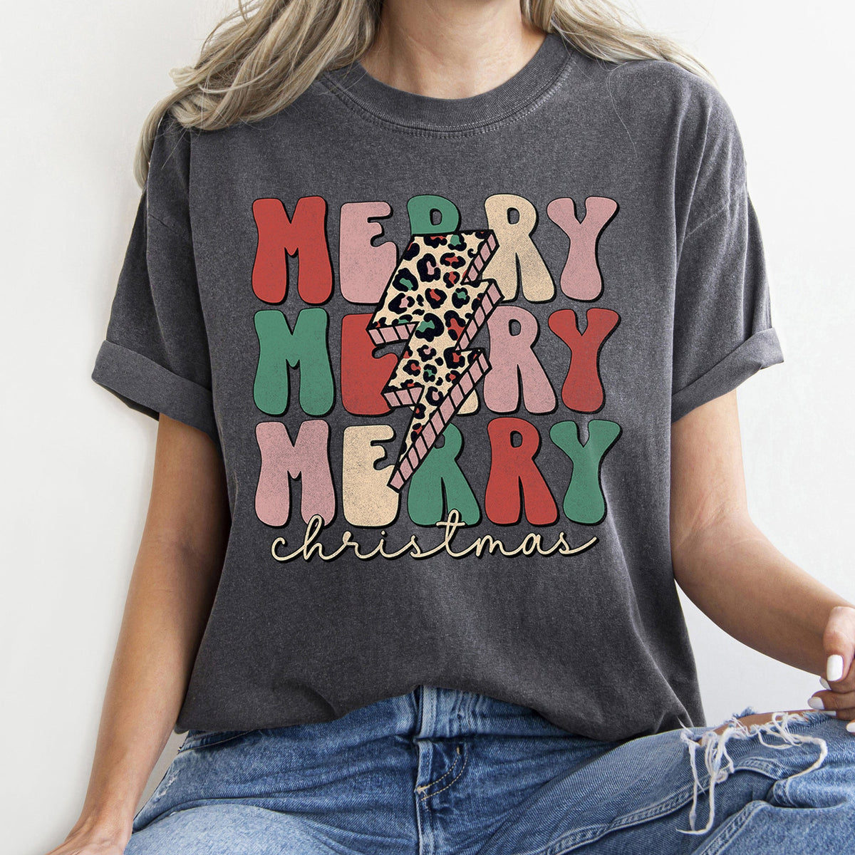 Merry Merry Merry Christmas Retro Leopard Print Vintage Limited Edition Comfort Colors Tee