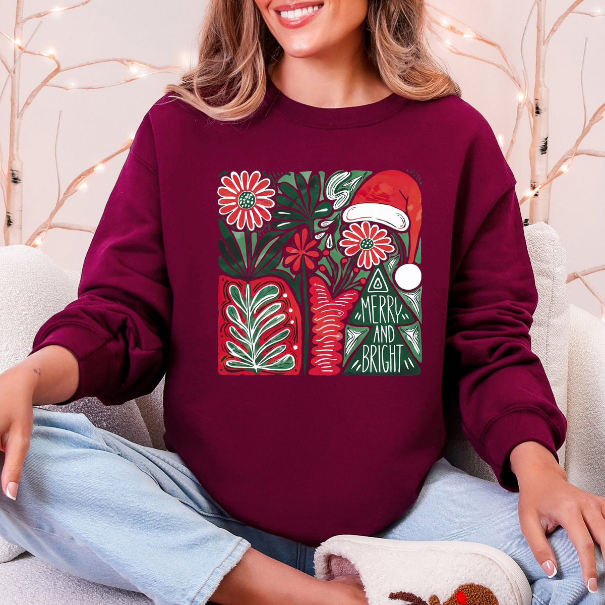Merry and Bright Pattern Block Christmas Tree Santa Hat Vintage Retro Holiday Cheer Sweatshirt in 10 Colors S-2XL