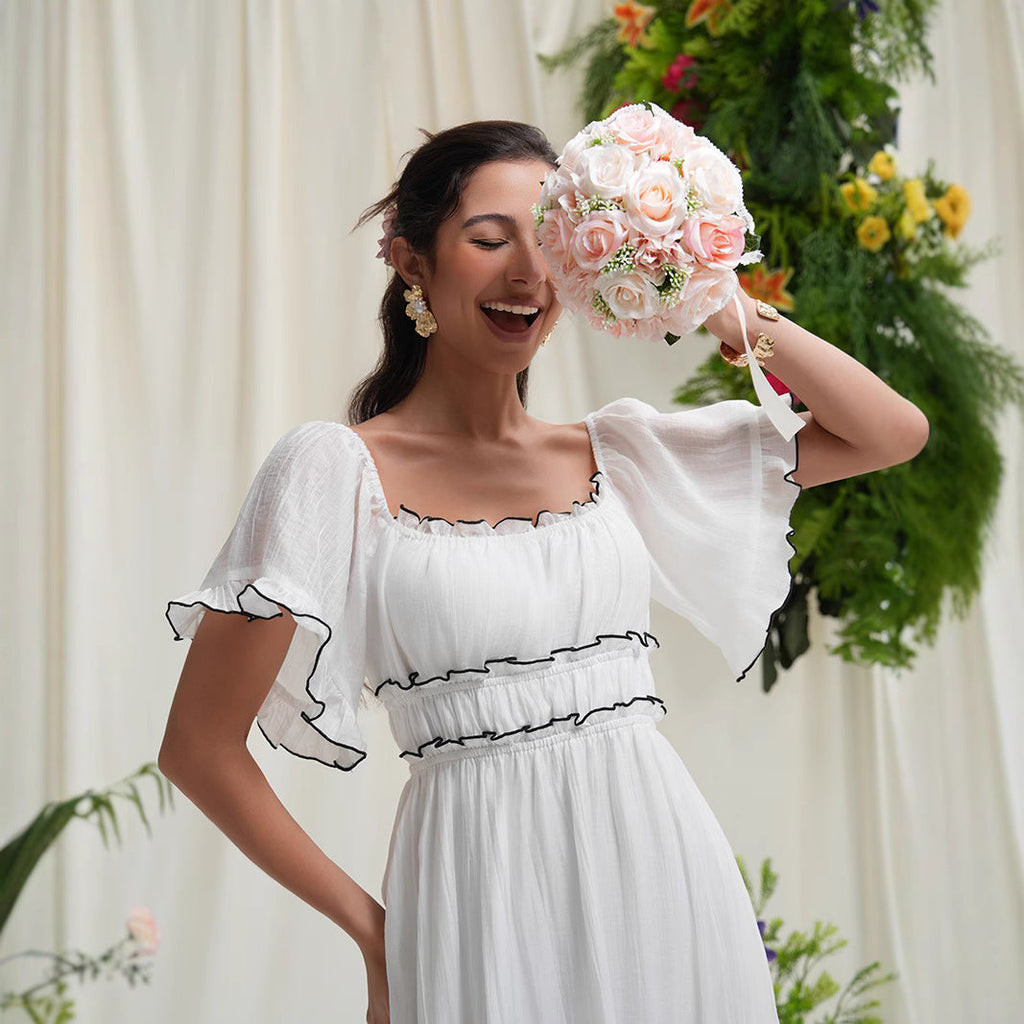 Boho Western White French Square Neck or Off the Shoulder Dress with Black Trim Wedding, Party or Any Occasion