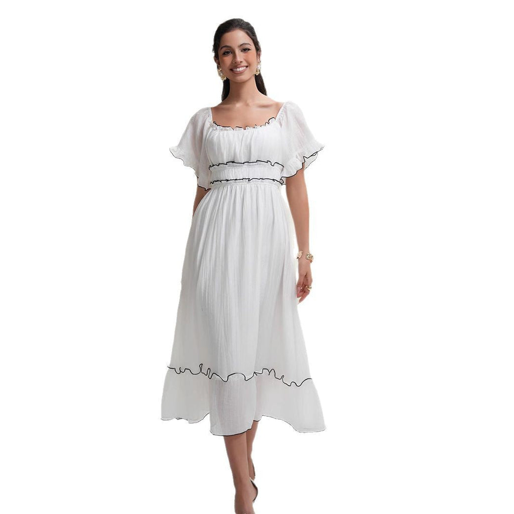 Boho Western White French Square Neck or Off the Shoulder Dress with Black Trim Wedding, Party or Any Occasion