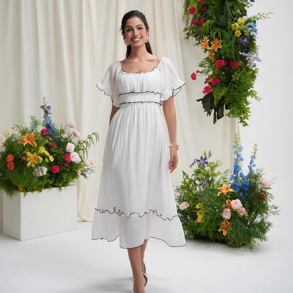 Boho Western White French Square Neck or Off the Shoulder Dress with Black Trim Wedding, Party or Any Occasion
