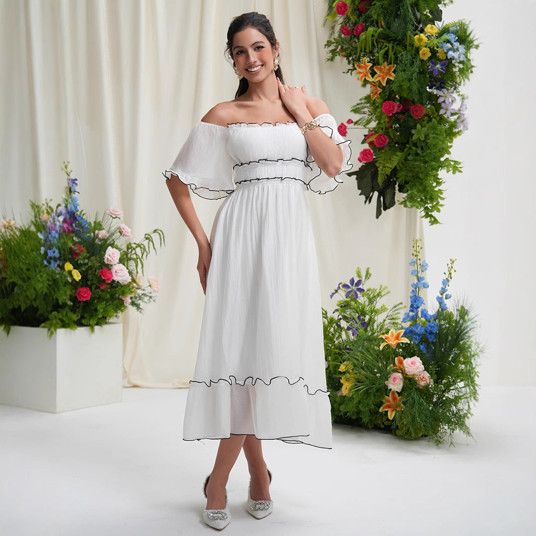 Boho Western White French Square Neck or Off the Shoulder Dress with Black Trim Wedding, Party or Any Occasion