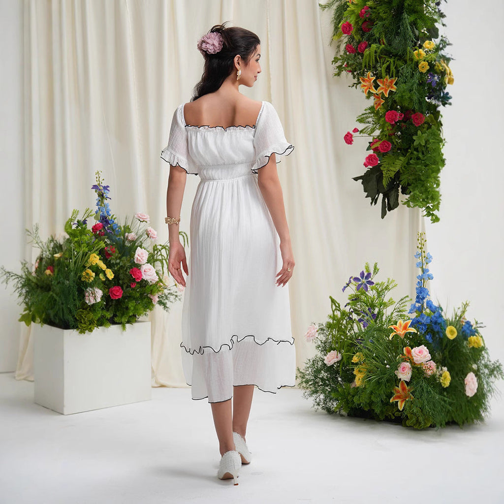 Boho Western White French Square Neck or Off the Shoulder Dress with Black Trim Wedding, Party or Any Occasion