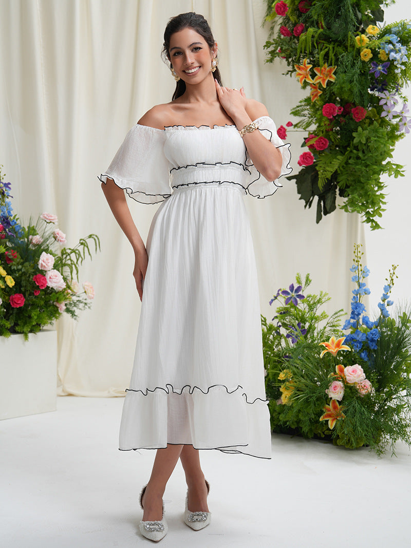 Boho Western White French Square Neck or Off the Shoulder Dress with Black Trim Wedding, Party or Any Occasion