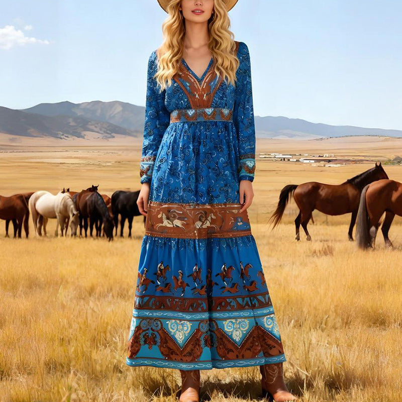 Boho Western Blue Print Bohemian Long Sleeve Maxi Dress S-2XL Horses
