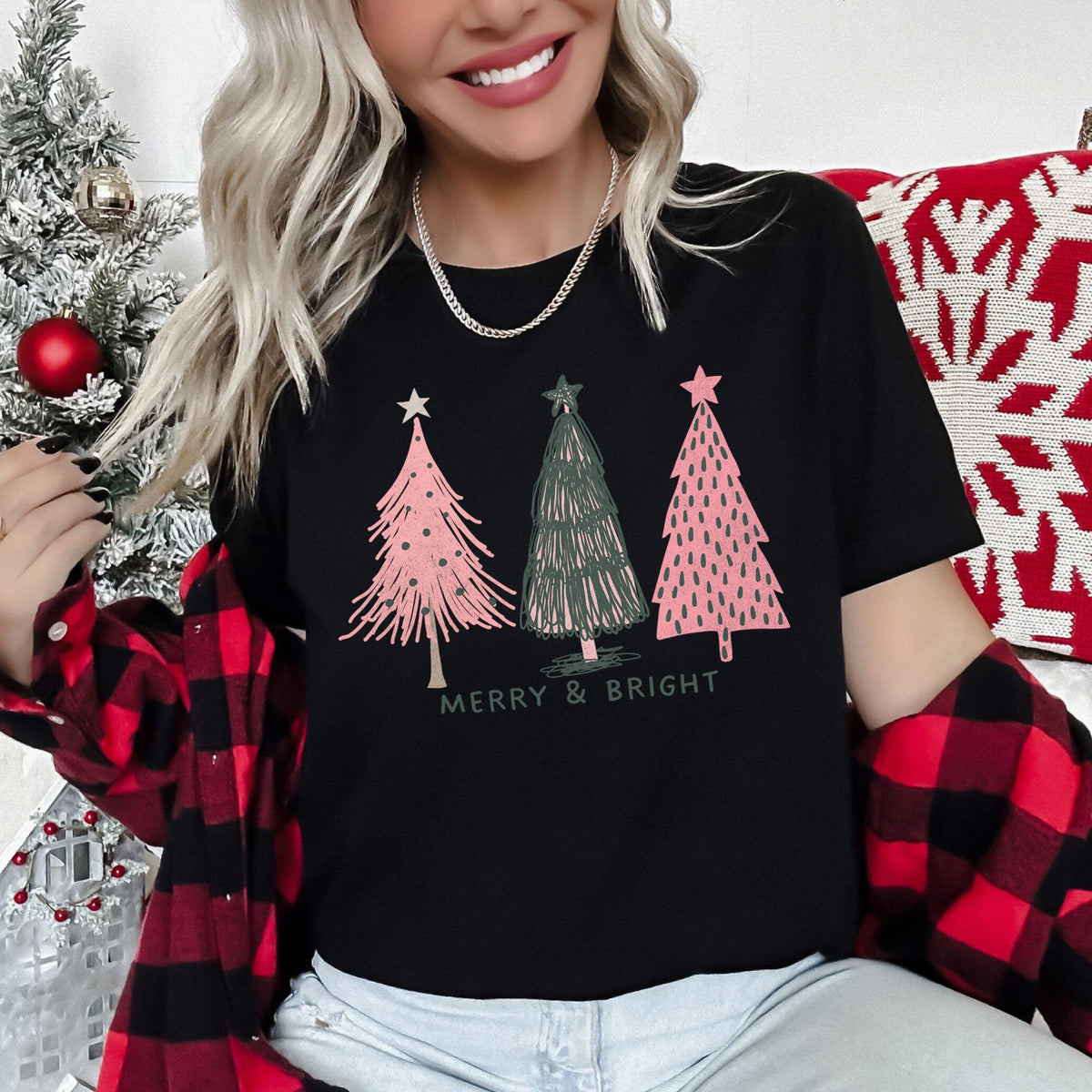 Merry & Bright Pastel Christmas Trees Pink & Green Holiday Graphic Tee in 4 Colors S-2XL