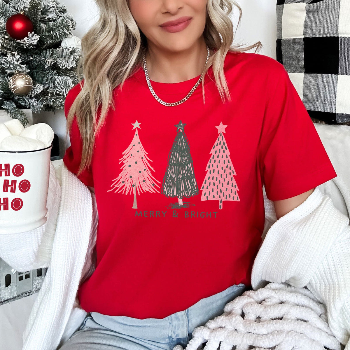 Merry & Bright Pastel Christmas Trees Pink & Green Holiday Graphic Tee in 4 Colors S-2XL