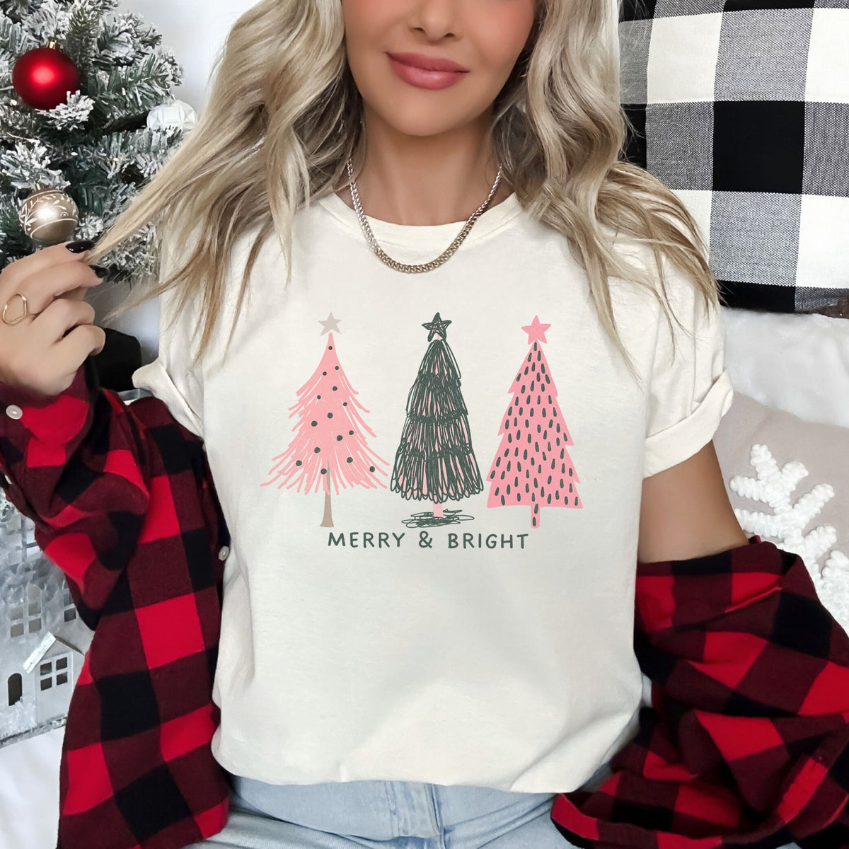 Merry & Bright Pastel Christmas Trees Pink & Green Holiday Graphic Tee in 4 Colors S-2XL