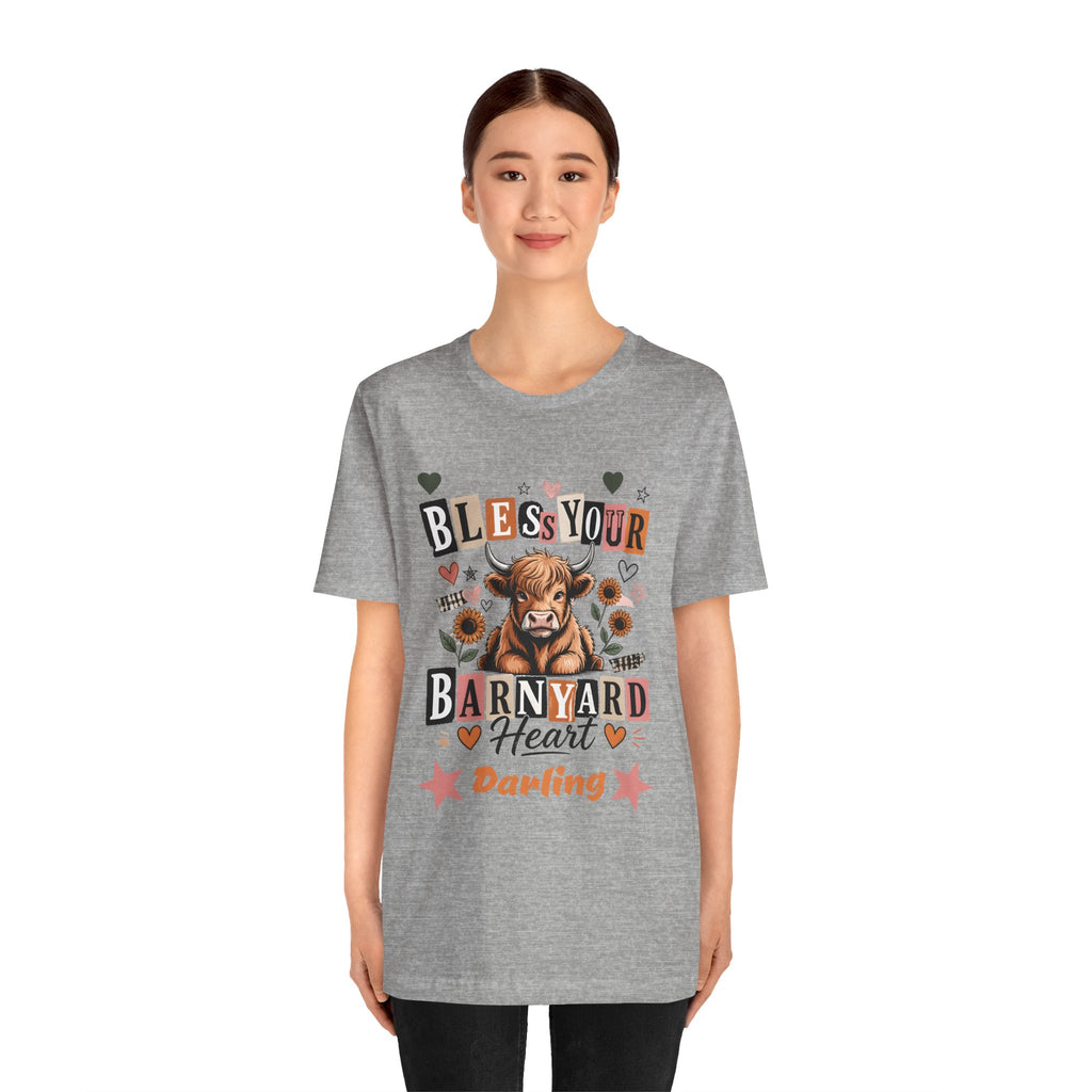 "BLESS Your Barnyard Heart DARLING" Highland Cow with Sunflowers Heather Tee T-Shirt S-3XL