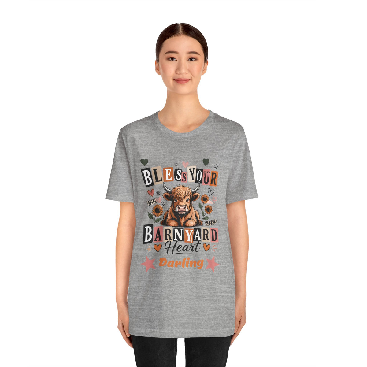 "BLESS Your Barnyard Heart DARLING" Highland Cow with Sunflowers Heather Tee T-Shirt S-3XL