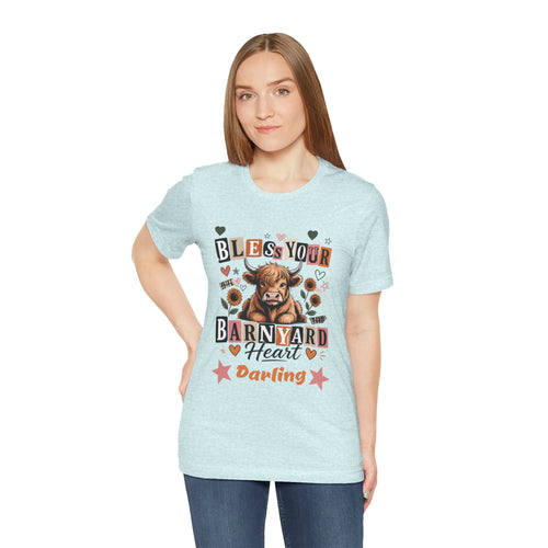 "BLESS Your Barnyard Heart DARLING" Highland Cow with Sunflowers Heather Tee T-Shirt S-3XL