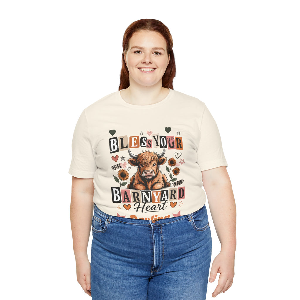"BLESS Your Barnyard Heart DARLING" Highland Cow with Sunflowers Heather Tee T-Shirt S-3XL