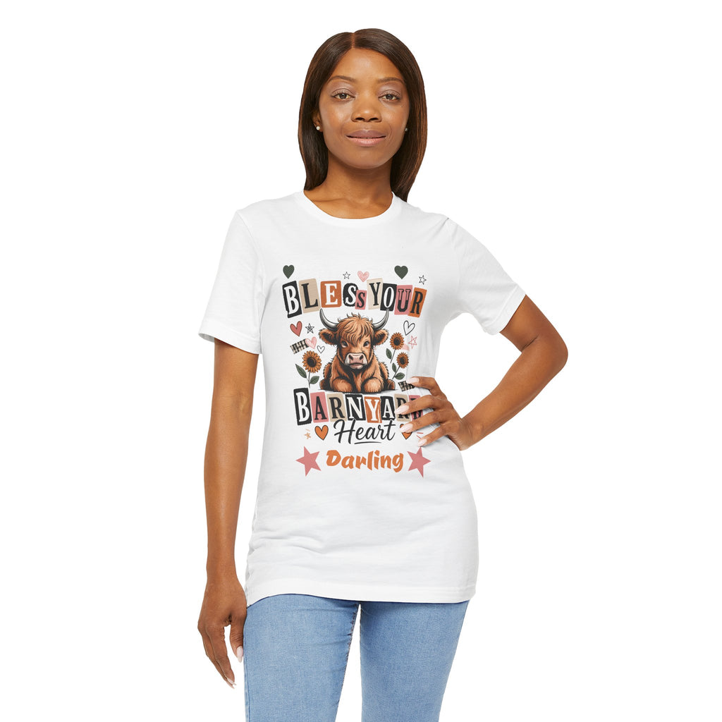 "BLESS Your Barnyard Heart DARLING" Highland Cow with Sunflowers Heather Tee T-Shirt S-3XL