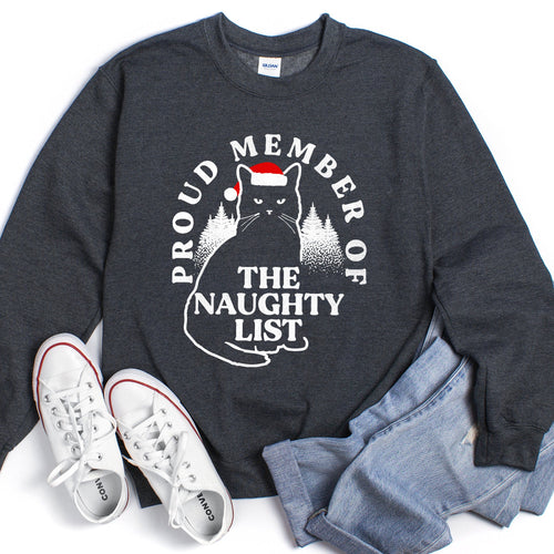 'Proud Member of the Naughty List' Christmas Edition Sweatshirt for Holiday Cat Lovers in 7 Colors S-2XL