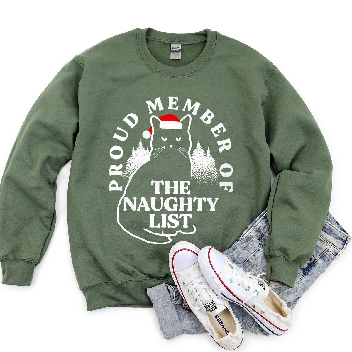 'Proud Member of the Naughty List' Christmas Edition Sweatshirt for Holiday Cat Lovers in 7 Colors S-2XL