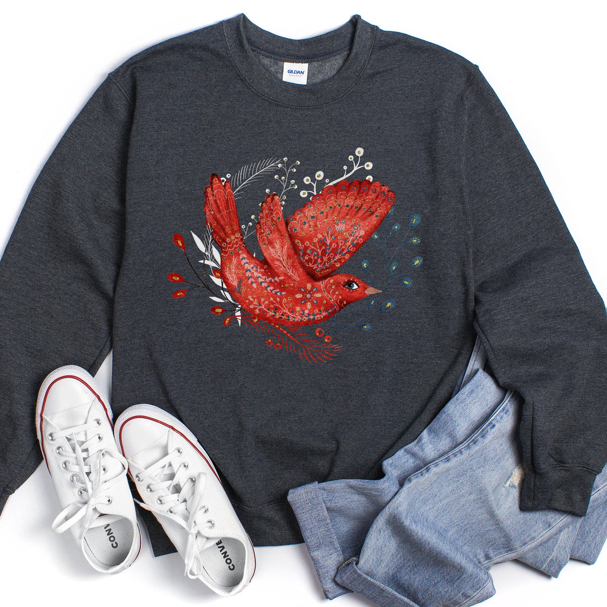 Cardinal Red Bird Folk Art Scandinavian Winter Christmas Sweatshirt in 12 Colors S-2XL
