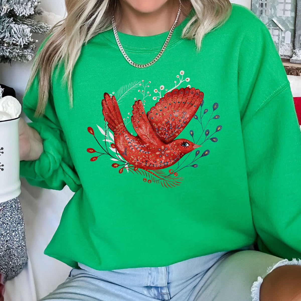 Cardinal Red Bird Folk Art Scandinavian Winter Christmas Sweatshirt in 12 Colors S-2XL