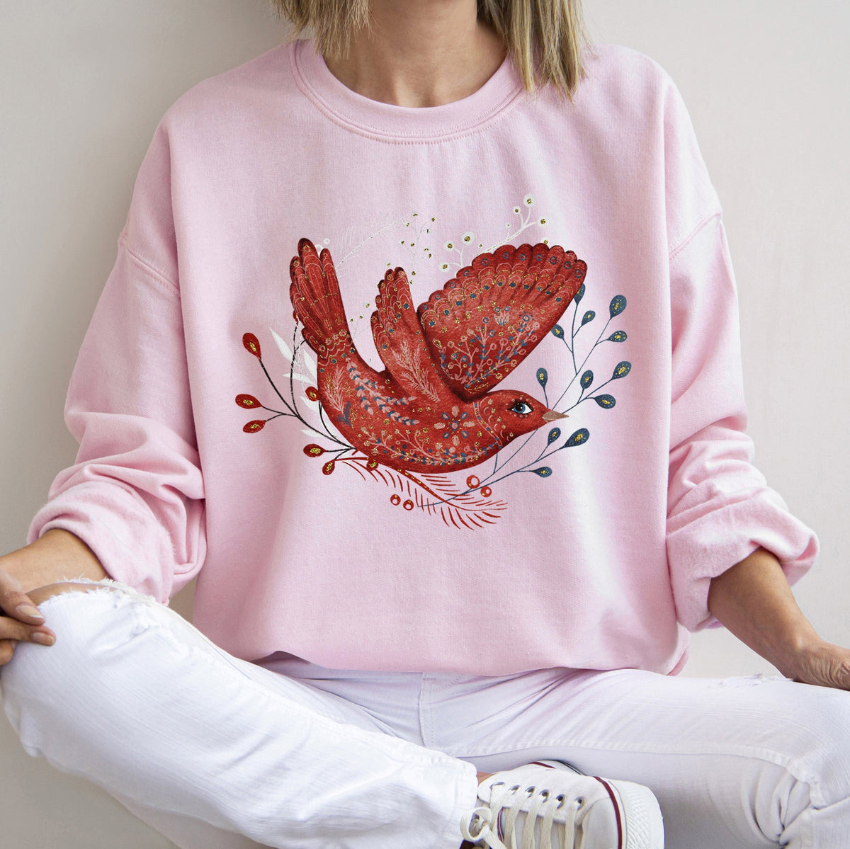 Cardinal Red Bird Folk Art Scandinavian Winter Christmas Sweatshirt in 12 Colors S-2XL