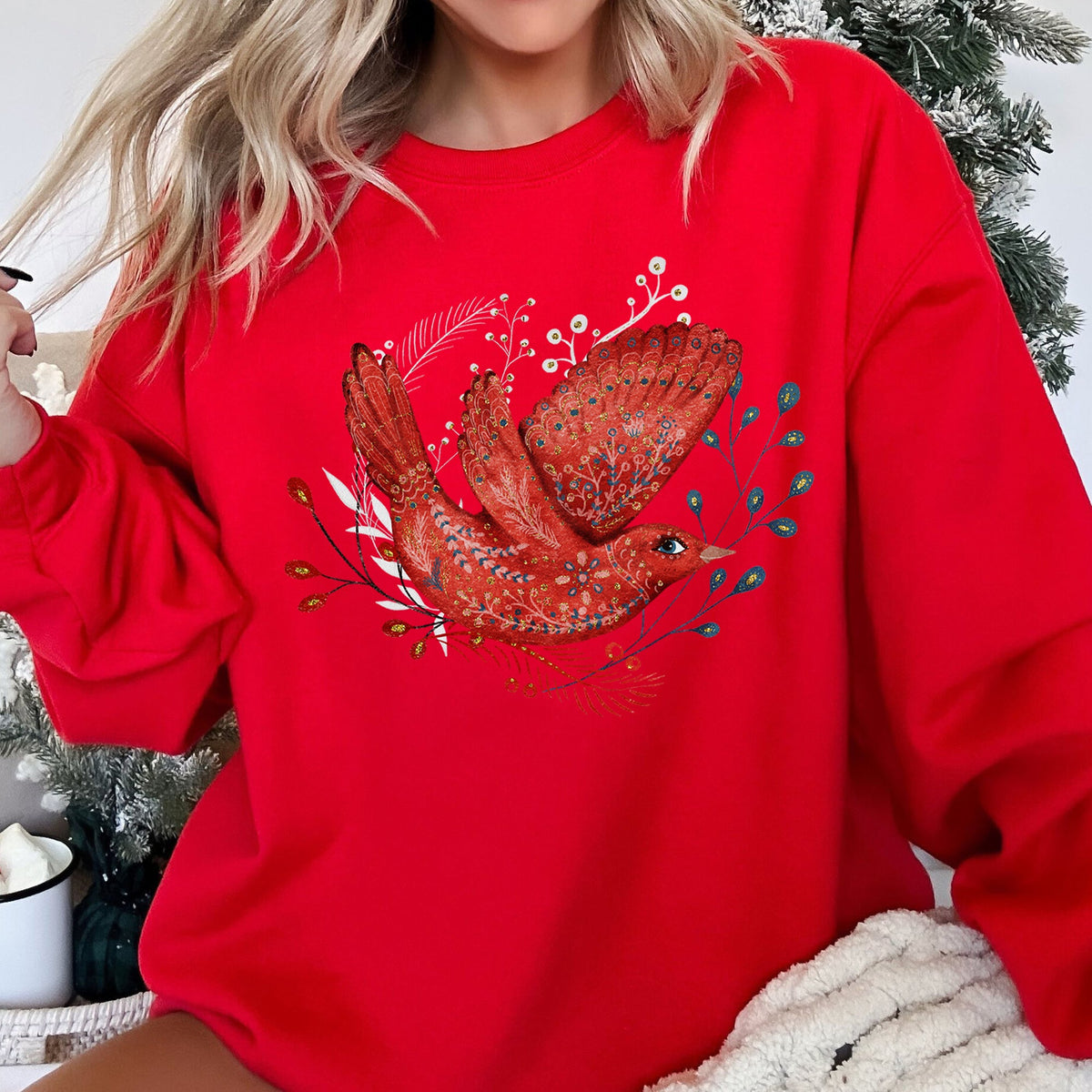 Cardinal Red Bird Folk Art Scandinavian Winter Christmas Sweatshirt in 12 Colors S-2XL