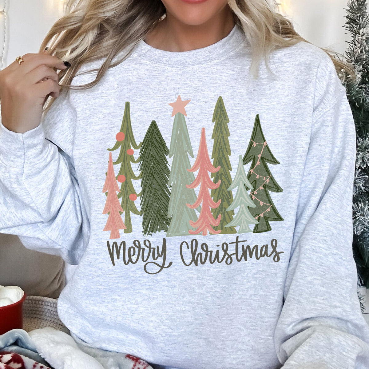 Retro 'Merry Christmas' Pastel Skyline Trees Sweatshirt in 5 Colors S-2XL