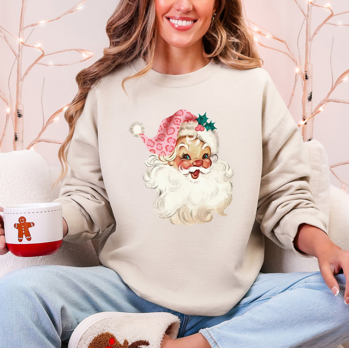 Retro Pink Santa with a Leopard Cheetah Print Hat Christmas Sweatshirt in 10 Colors S-2XL