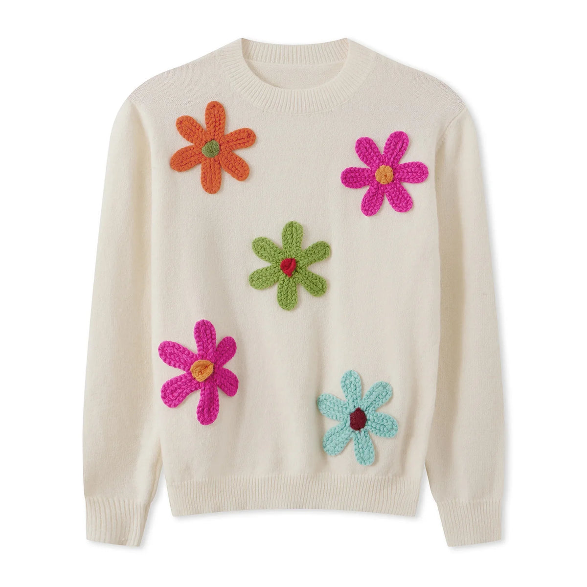 Retro Boho Beige Ivory Crochet Floral Knit Crew Neck Sweater S-M-L
