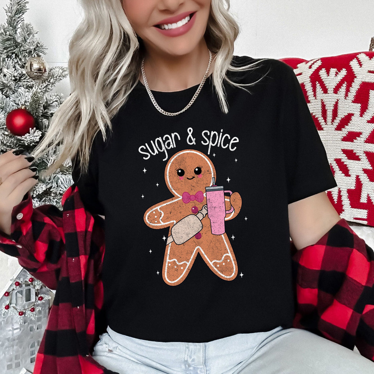 SUGAR & SPICE Gingerbread Man Christmas Cookie Cutter Graphic Tee in 7 Colors S-2XL