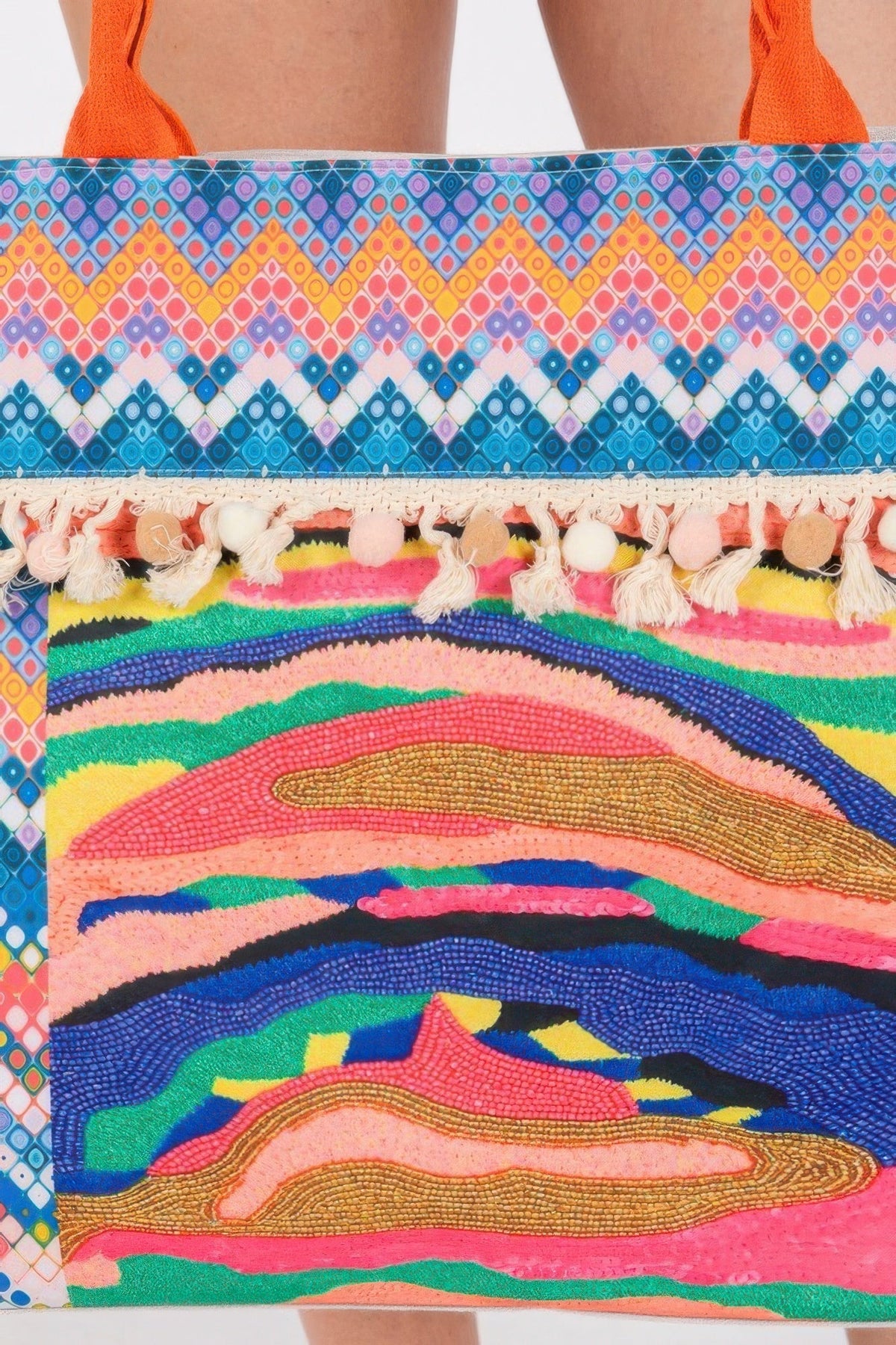 Boho Print Pom Pom Fringe Tote Bag