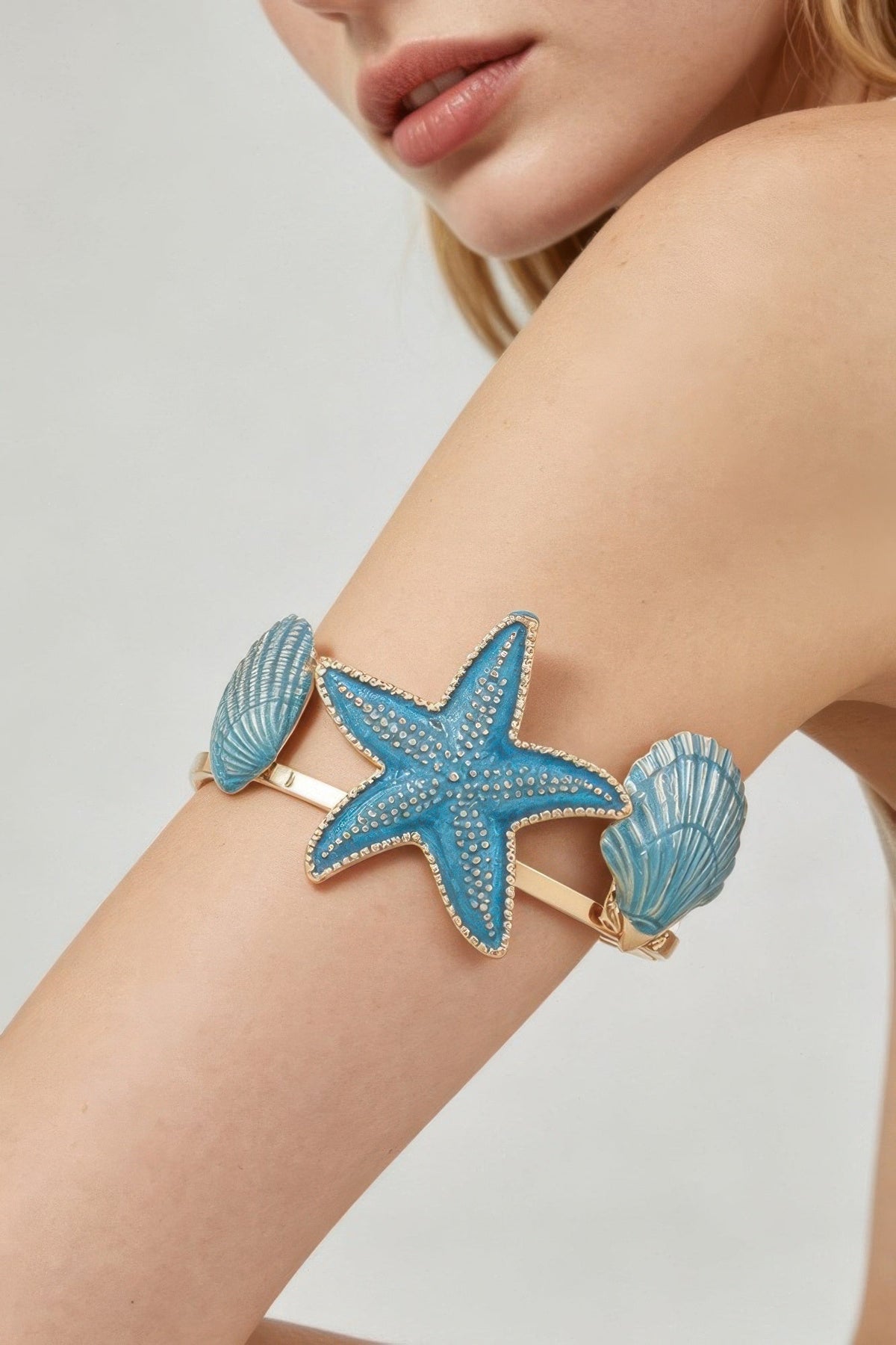 Boho Beach Under the Sea Turquoise Gold Starfish & Shell Open Arm Cuff
