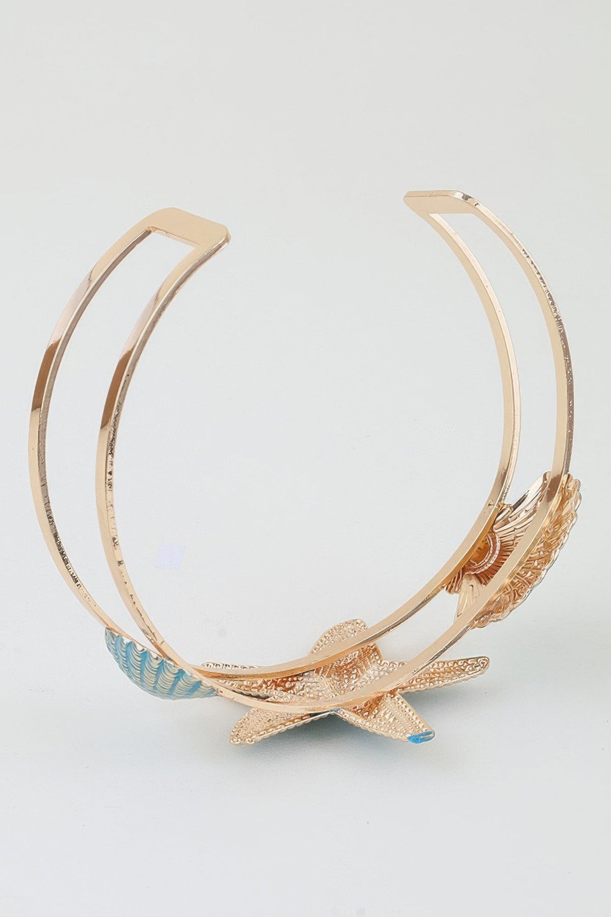 Boho Beach Under the Sea Turquoise Gold Starfish & Shell Open Arm Cuff