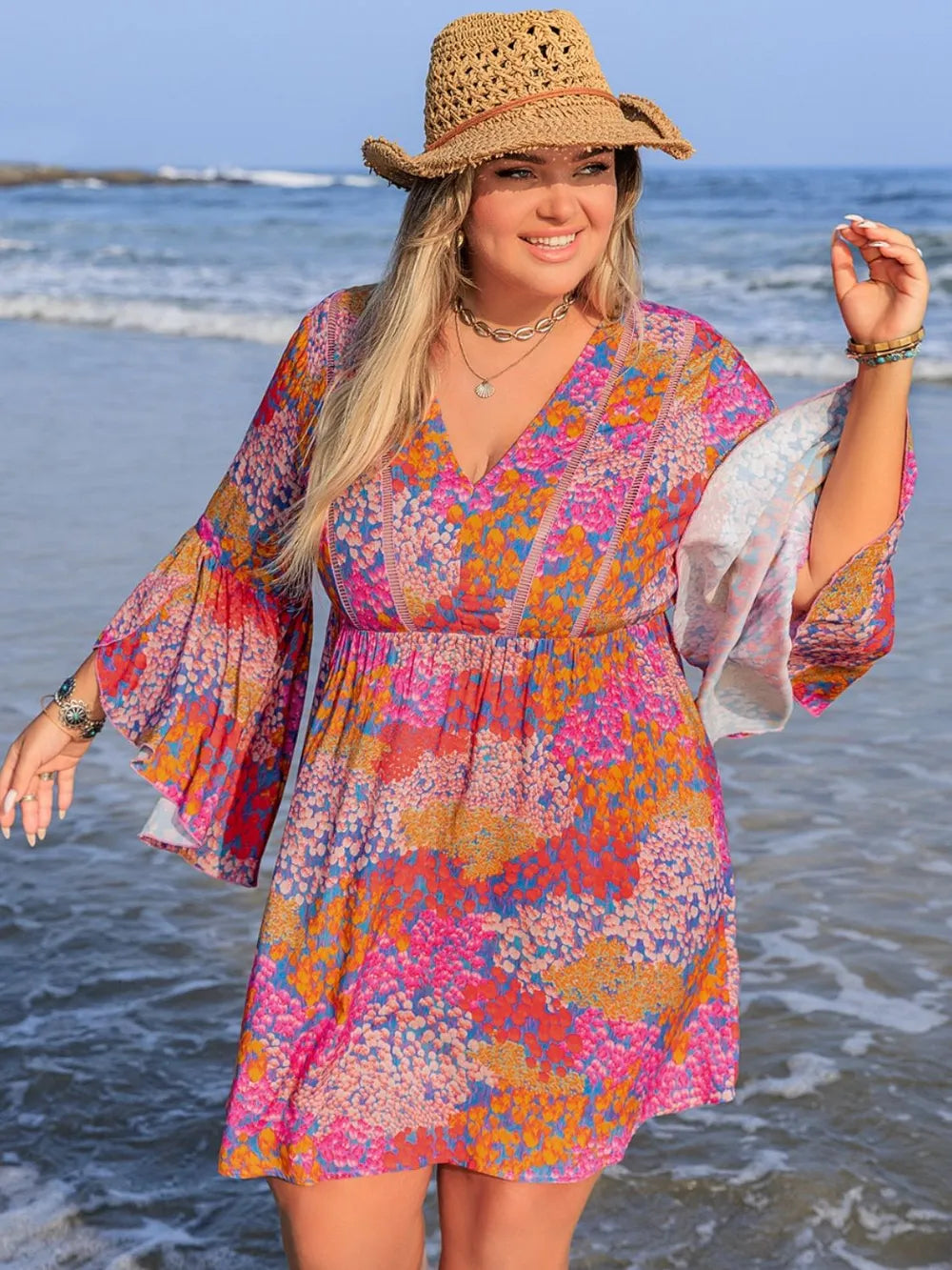 Boho Pink Floral Print Long Sleeve Plus Size Dress | 0XL-4XL Plus Size